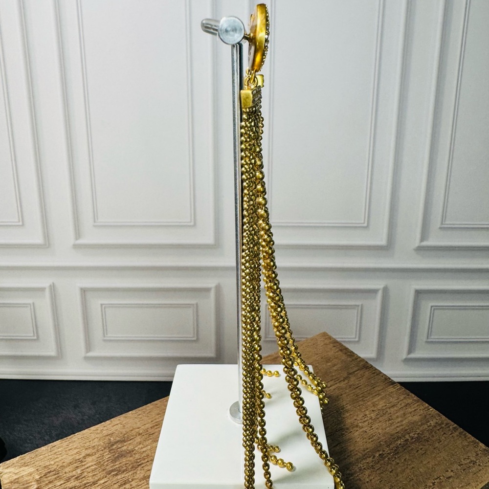 Gold Tone & CZ Tassel Statement Earrings - SKU G - Picture 3 of 5